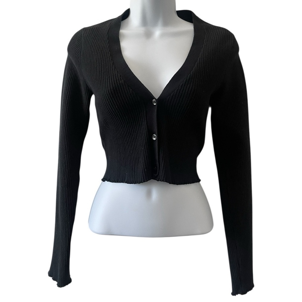 GOOD AMERICAN Black Cropped Cardigan Size 1/2 Ribbed Knit Cozy - Picture 7 of 7